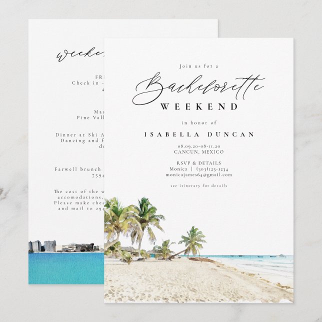 Vattenfärg Cancun Mexico Bachelorette Itinerary Inbjudningar (Fram/baksida)