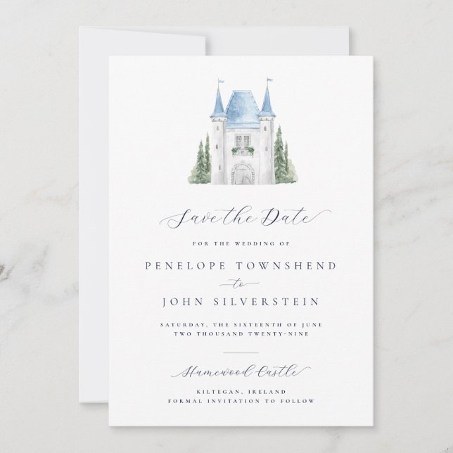 Vattenfärg Castle Script Bröllop  Spara Datumet (Framsida)