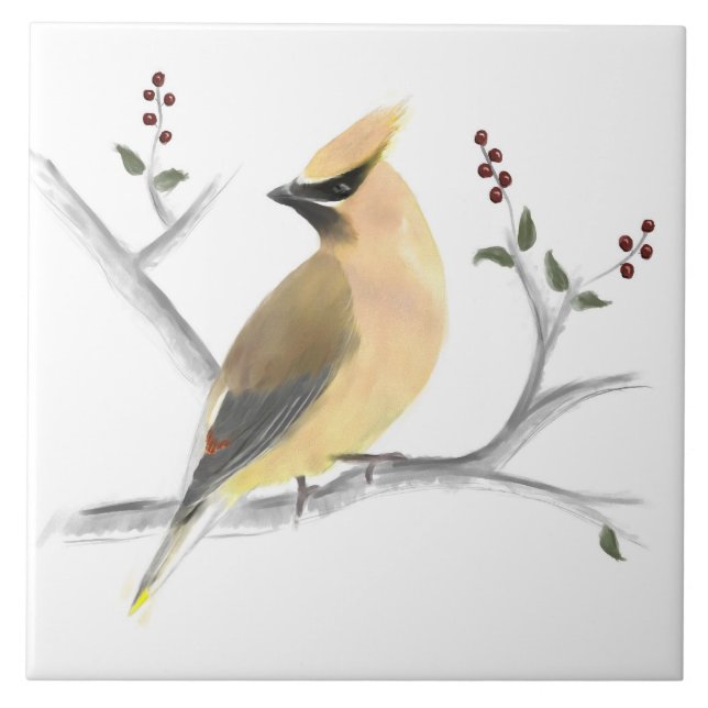 Vattenfärg Cedar Waxwing Ceramic Tile Kakelplatta (Framsidan)