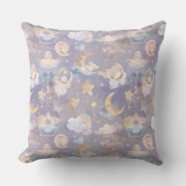 Vattenfärg Celestial Barnkudde | Pastell Måner Kudde (Framsida)