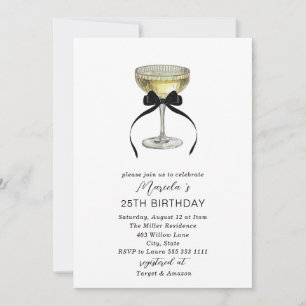 Vattenfärg Champagne coupe svart slinga 25-årsdag Inbjudningar