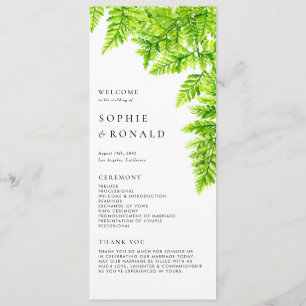 Vattenfärg Chartreuse Gröna Ormbunksblad Bröllop Program