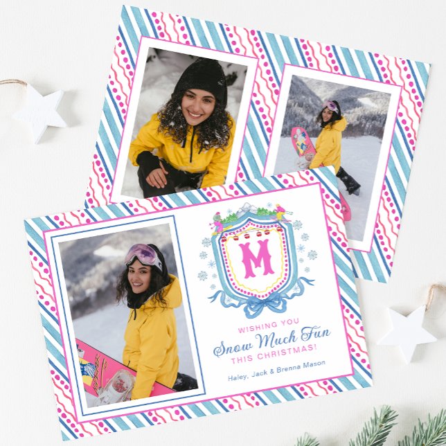 Vattenfärg Chic Ski Monogram Krön Julkort (Skapare uppladdad)