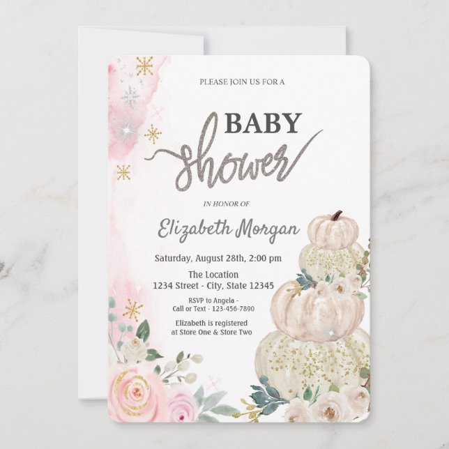 Vattenfärg Chic Vita Pumpaför Blommor Baby Shower Inbjudningar (Framsida)