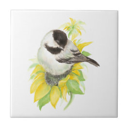 Vattenfärg Chickadee Solros Cute Bird art Kakelplatta