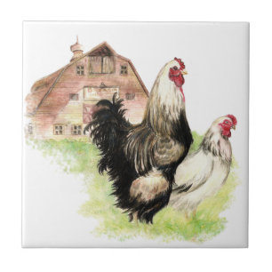 Vattenfärg Chickens Hen & Tupp Farm Bird Art Kakelplatta