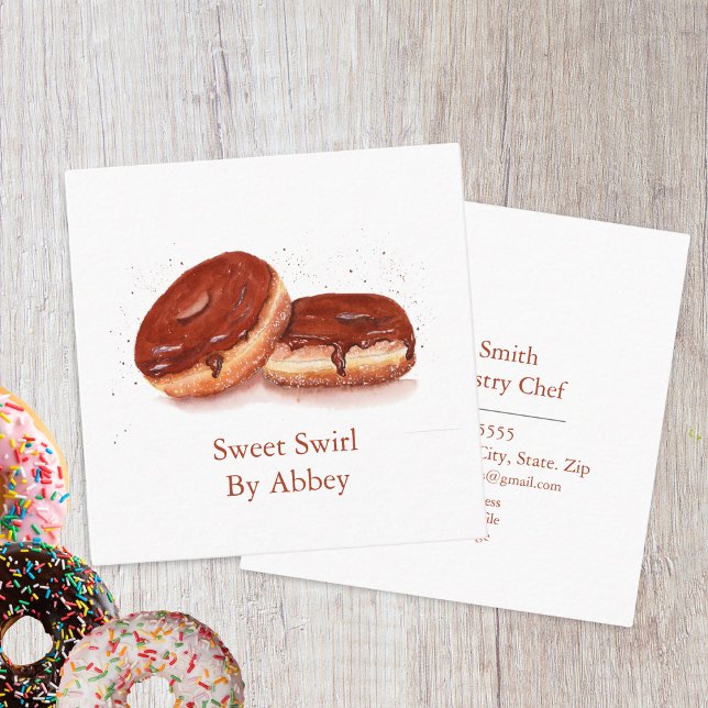 Vattenfärg Chokladglaserade Munkar  Fyrkantigt Visitkort (Watercolor Chocolate Glazed Donuts Square Business Card)