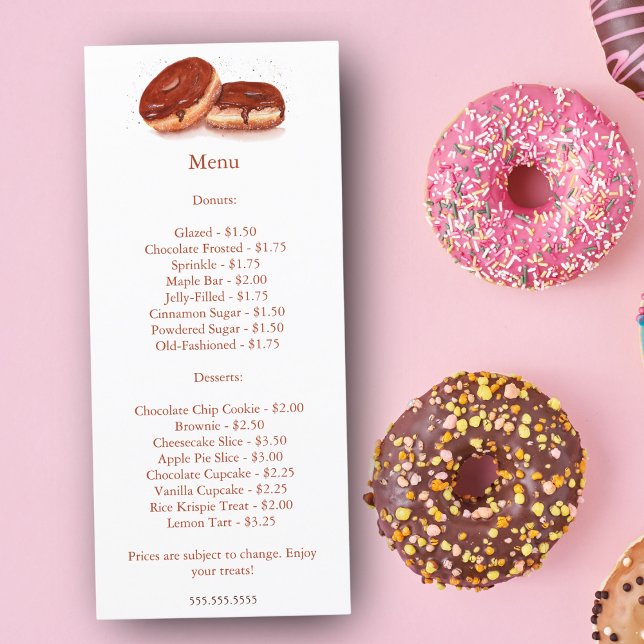 Vattenfärg Chokladglaserade Munkar Pris Meny (Enhance Your Bakery's Charm: Display Our Watercolor Chocolate Glazed Donuts Price Menu.)