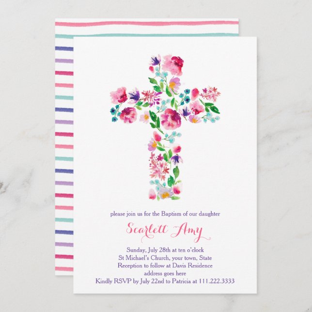 vattenfärg Christening-inbjudningar, rosa lila Inbjudningar (Fram/baksida)