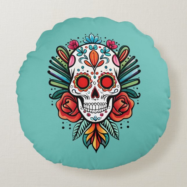 Vattenfärg Cinco De Mayo Färgrik Socker Skalle Rund Kudde (Framsidan)