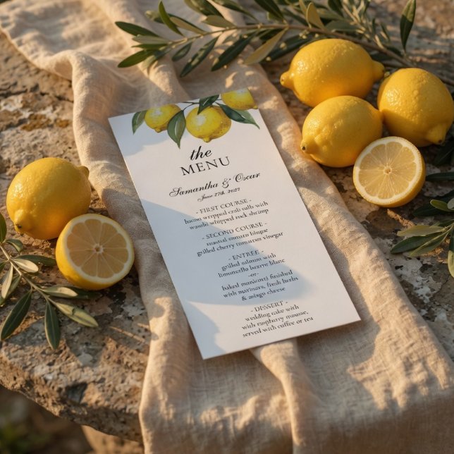 Vattenfärg Citron Bröllopsmenykort | Citrus Meny (Skapare uppladdad)