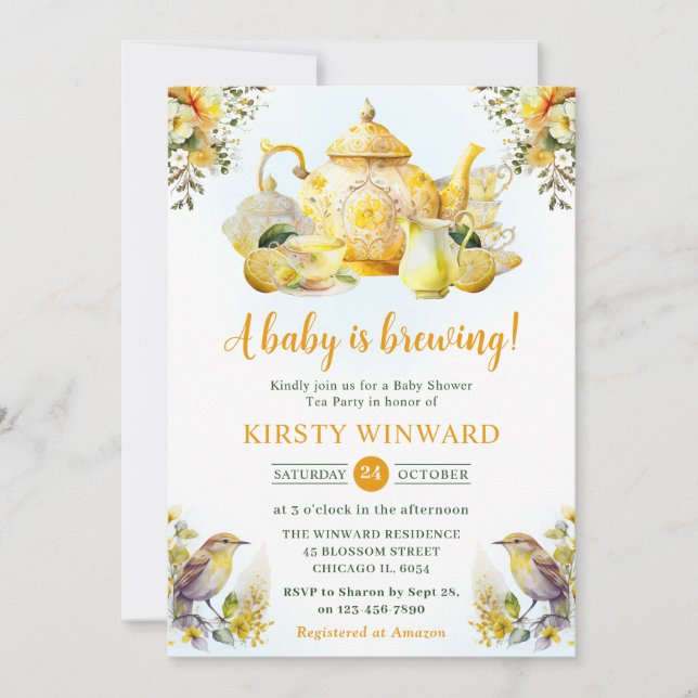 Vattenfärg Citron Tekvart Babyshower Inbjudningar (Framsida)