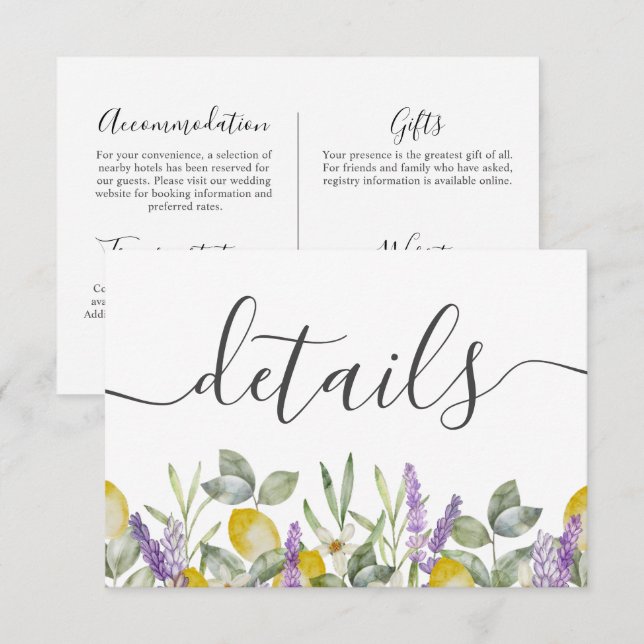 Vattenfärg Citroner & Lavendel Bröllop RSVP Tilläggskort (Fram/baksida)