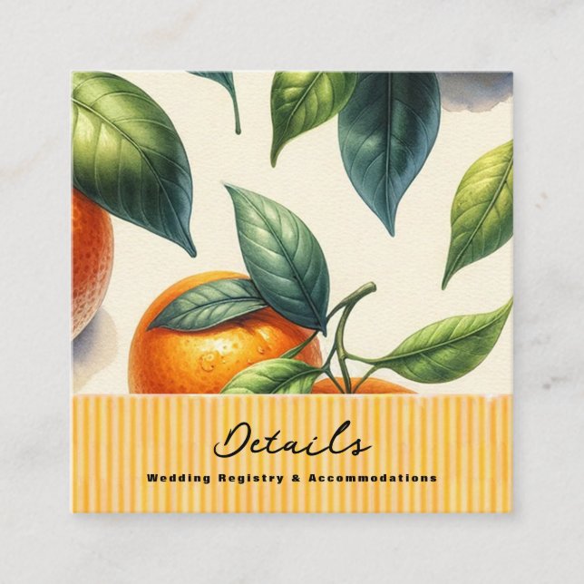 Vattenfärg Citrus Apelsinblad Bröllopsdetaljer Fyrkantigt Visitkort (Framsida)