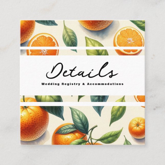 Vattenfärg Citrus Apelsinblad Bröllopsdetaljer Fyrkantigt Visitkort (Framsida)
