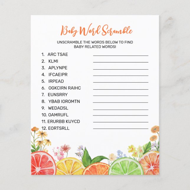 Vattenfärg Citrus Baby Shower Ord Scramble Game (Framsida)