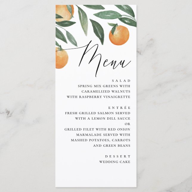 Vattenfärg Citrus Bröllop | Elegant Skrift Orange Meny (Framsida)