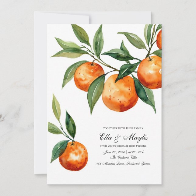 Vattenfärg Citrus Bröllopsinbjudan Suite Inbjudningar (Framsida)