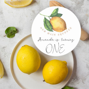 Vattenfärg citrus citron 1-års födelsedagsfest runt klistermärke