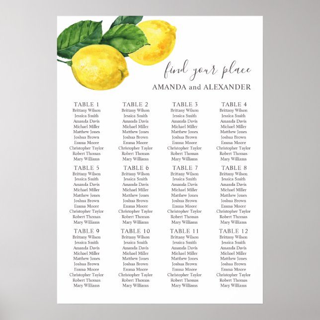 Vattenfärg citrus citron bröllopsplatskarta poster (Framsidan)