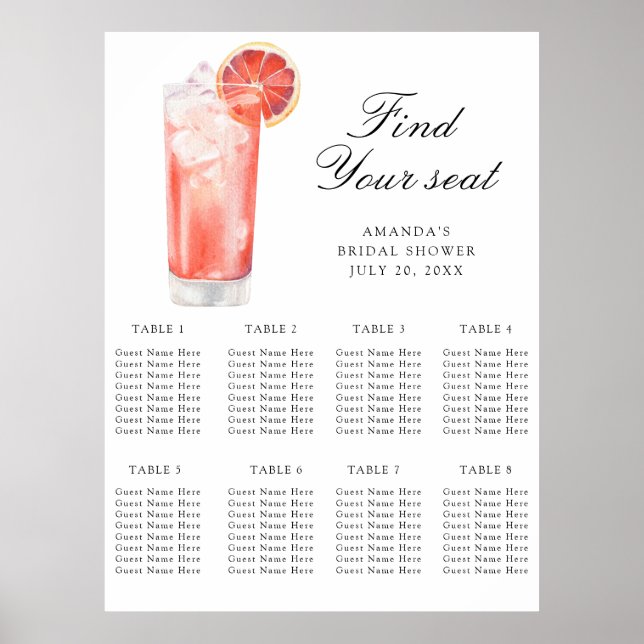 Vattenfärg Citrus Cocktail Bröllops sittplatskarta Poster (Framsidan)