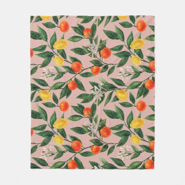 Vattenfärg Citrus Grenar Ornament Mönster Fleecefilt (Framsidan)