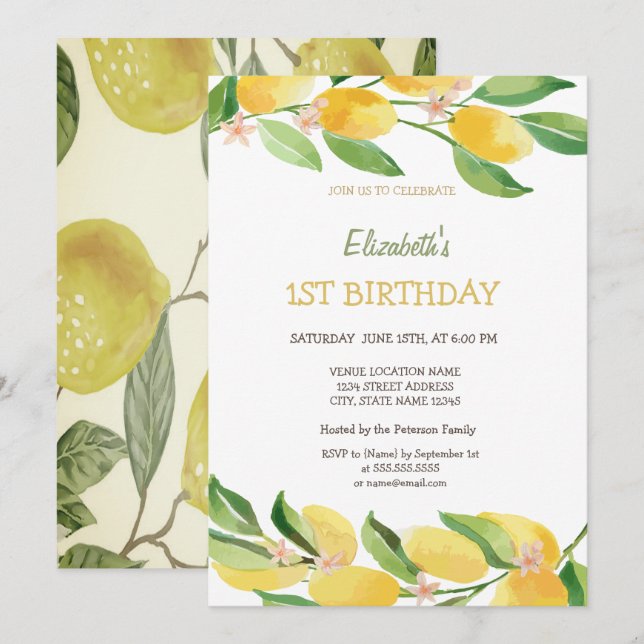 Vattenfärg Citrus Lemons Flowers Birthday Inbjudningar (Fram/baksida)