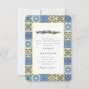 Vattenfärg Citrus Mediterranean Blue tile Bröllop Inbjudningar