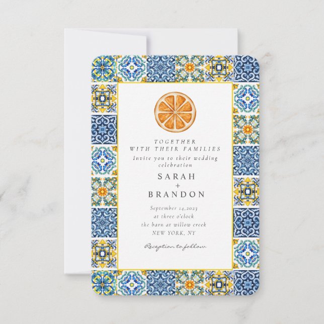 Vattenfärg Citrus Mediterranean Blue tile Bröllop Inbjudningar (Framsida)