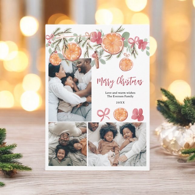 Vattenfärg Citrus och Blommigt 5 Fotojul Julkort (Watercolor Citrus and Floral 5 Photo Christmas Holiday Card)