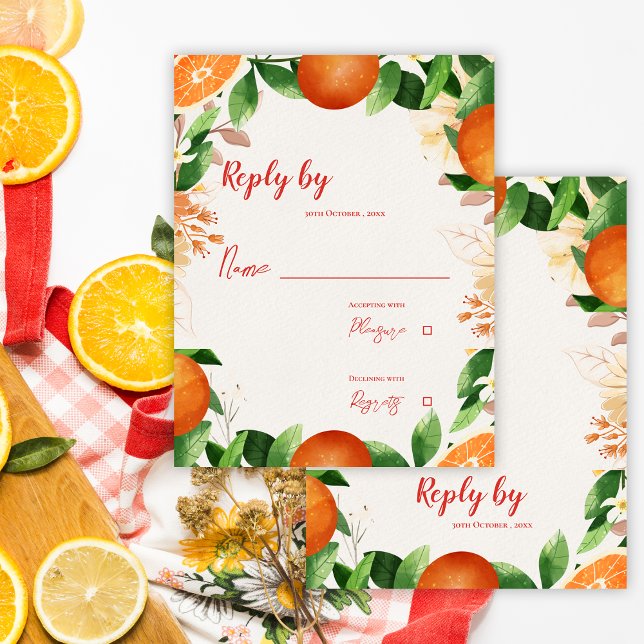 Vattenfärg Citrus Orange höstblommasbröllop OSA Kort (Watercolor Citrus Orange Autumn Fall Wedding RSVP Card)