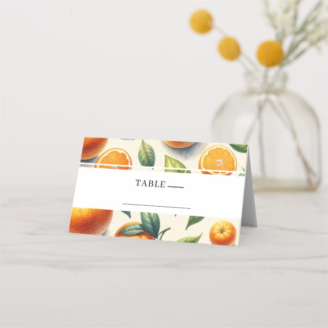 Vattenfärg Citrus Orange Löv Bröllop  Placeringskort (Framsida)