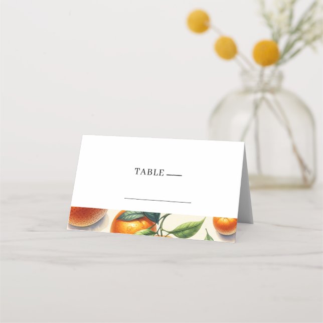 Vattenfärg Citrus Orange Löv Bröllop  Placeringskort (Framsida)