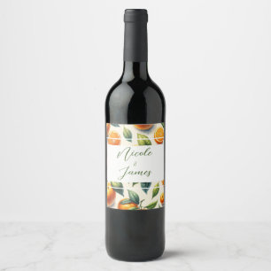 Vattenfärg Citrus Orangeblad Bröllop Vinflaska Etikett