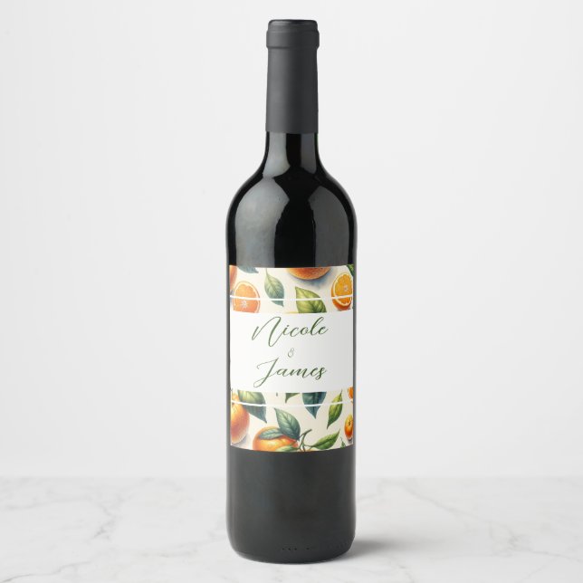 Vattenfärg Citrus Orangeblad Bröllop Vinflaska Etikett (Framsida)