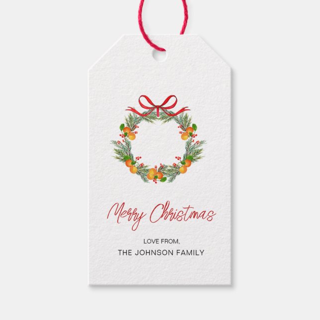 Vattenfärg Citrus Wandeine med röd bugg jul Presentetikett (Framsidan)
