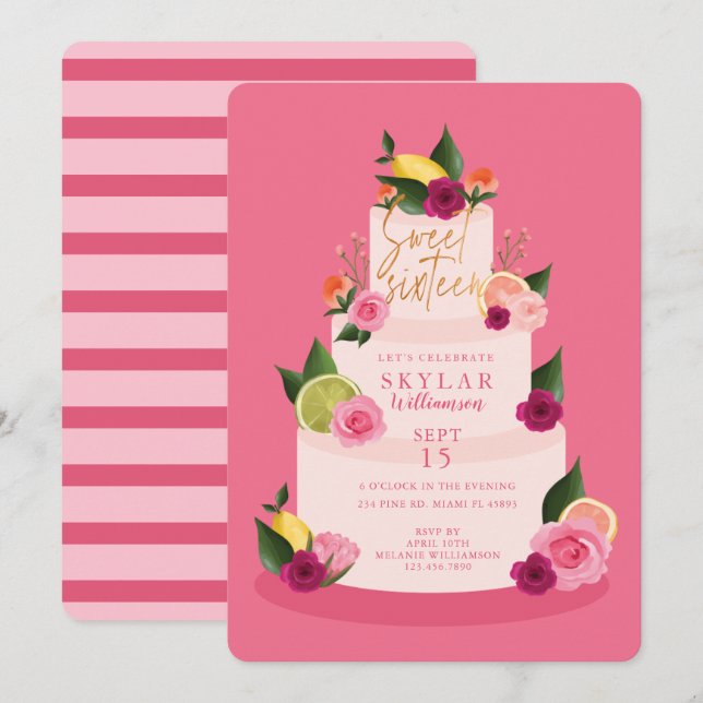 Vattenfärg Citus Blommigt 3 Tier Cake Sweet sixtee Inbjudningar (Fram/baksida)