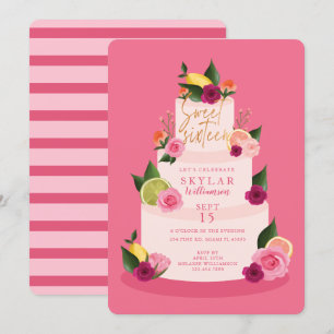 Vattenfärg Citus Blommigt 3 Tier Cake Sweet sixtee Inbjudningar