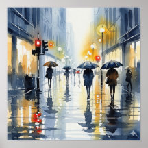 Vattenfärg Cityscape i regn