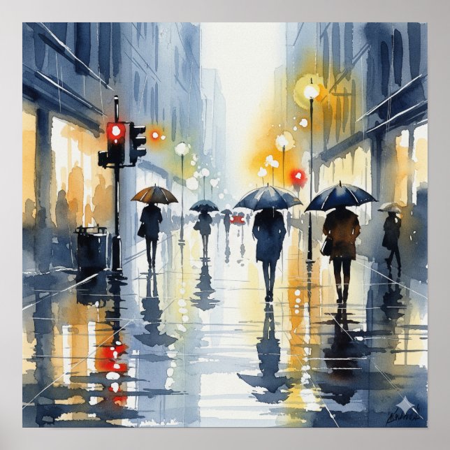 Vattenfärg Cityscape i regn Poster (Framsidan)