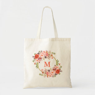 Vattenfärg Coral Blommigt Utandning Monogram Guld Tygkasse