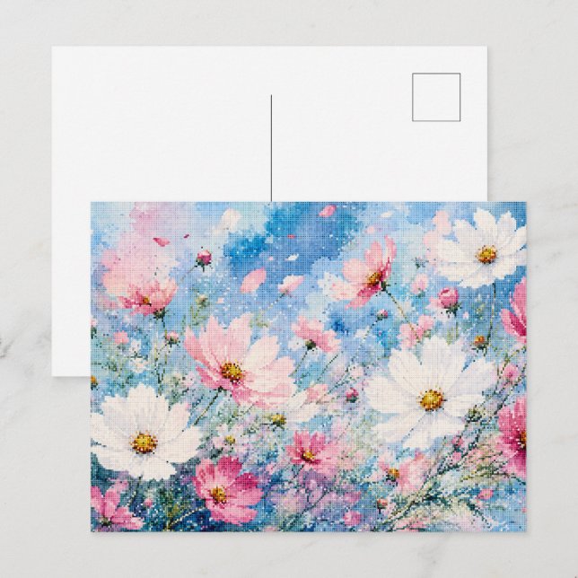 Vattenfärg Cosmos Blommor i Geometrisk Stil Vykort (Fram/baksida)