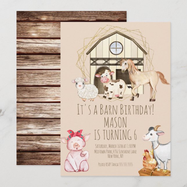 Vattenfärg Cow Barn Animals Farm Birthday Inbjudningar (Fram/baksida)