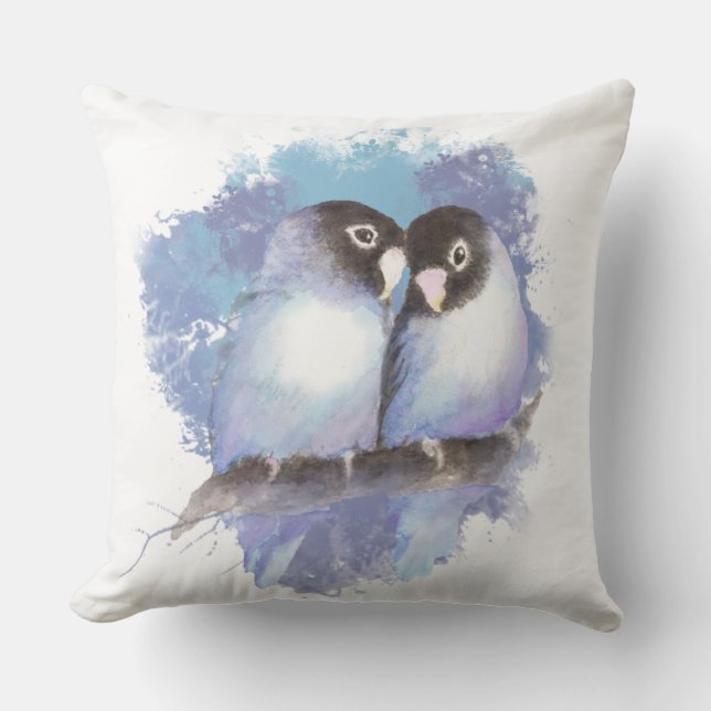 Vattenfärg Cuddling Blue Lovebird Bird Art Utomhuskudde (Framsida)