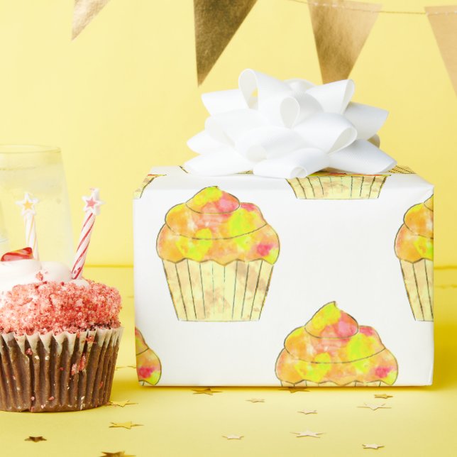 Vattenfärg Cupcake-målning på vit Presentpapper (Födelsedagsfest)