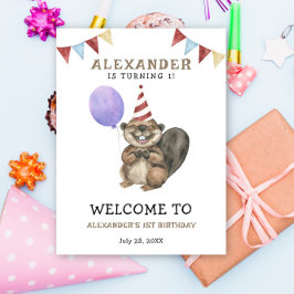 Vattenfärg Cute Beaver 1:a födelsedag Poster