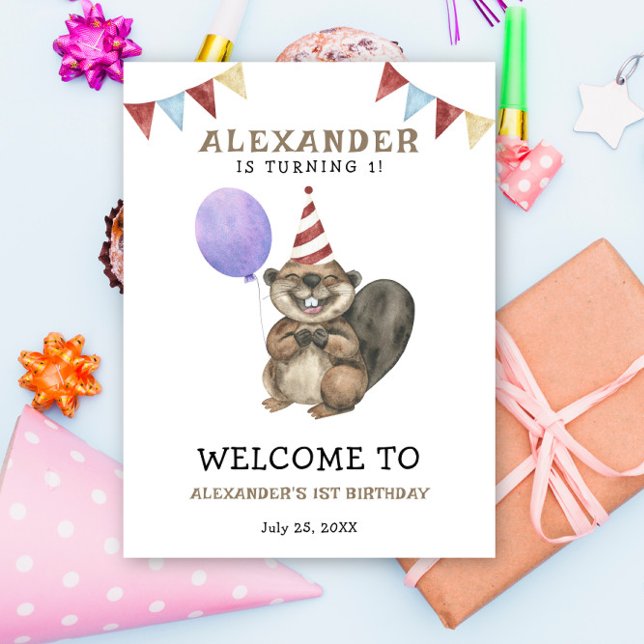 Vattenfärg Cute Beaver 1:a födelsedag Poster (Skapare uppladdad)