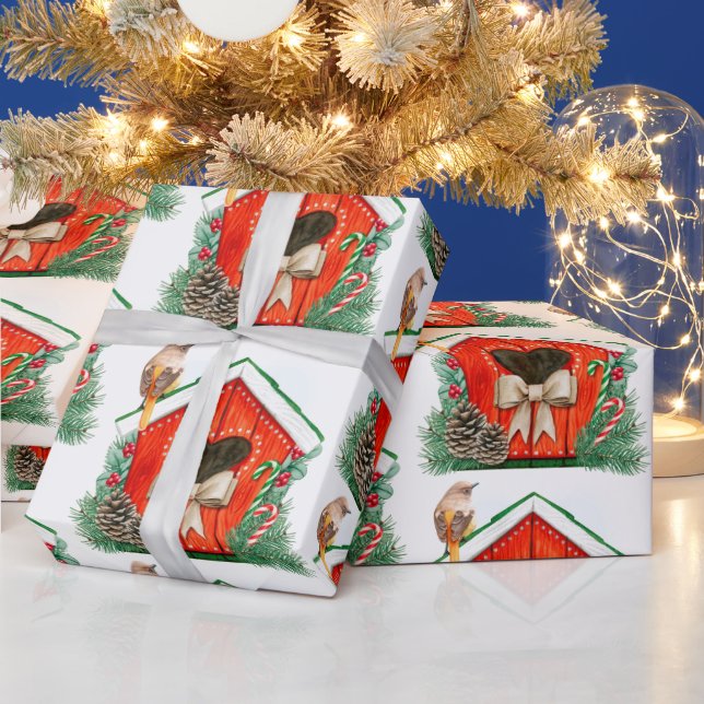 Vattenfärg Cute Bird House Birds art Presentpapper (Helgdagar)