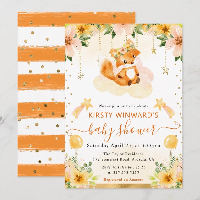 Vattenfärg Cute Blommigt Fox på Cloud Baby Shower Inbjudningar (Fram/baksida)