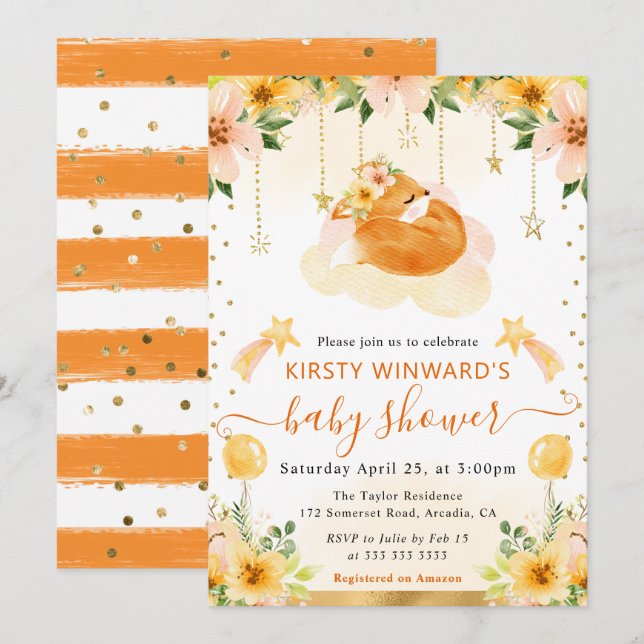 Vattenfärg Cute Blommigt Fox på Cloud Baby Shower Inbjudningar (Fram/baksida)